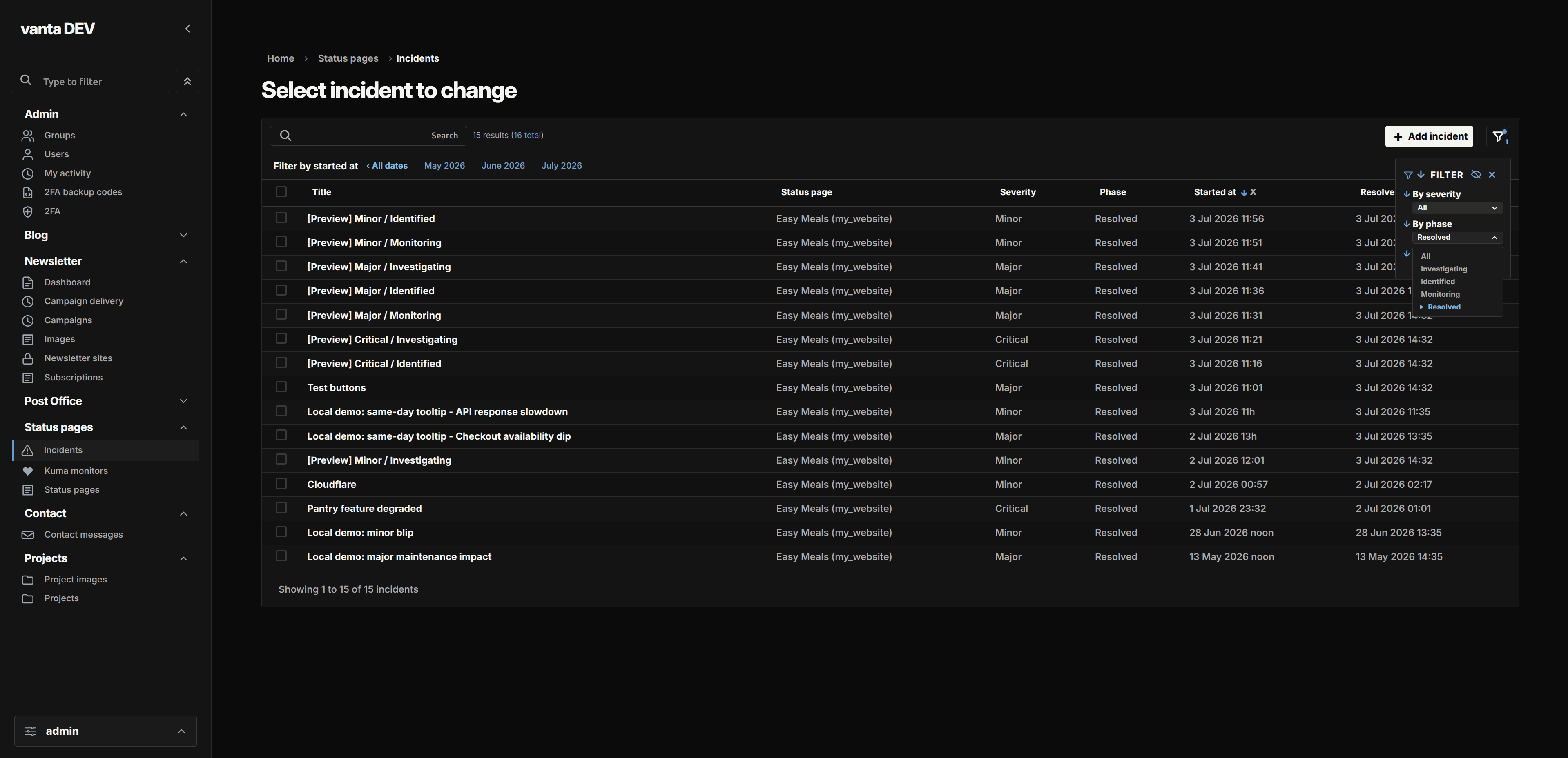 Vanta Admin dashboard with a compact sidebar, activity, and administration panels.